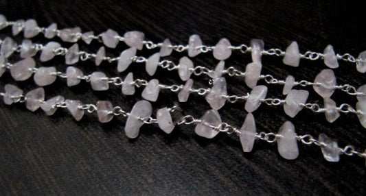 Natural Rose quartz Wire Wrapped Rosary Chain Rose Quartz Nugget Chip Uncut Beads Rosary Chain / Gemstone Chain- Wholesale Rate per foot