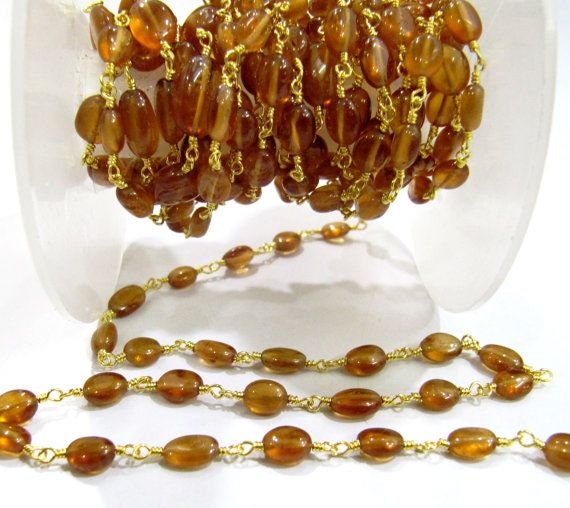 Natural Hessonite Garnet Oval Plain Smooth 6 to 9mm Beaded Rosary Chain High Quality Wholesale Price Sold per foot