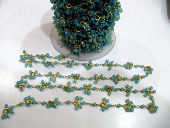 Aqua Chalcedony beaded Flower Chain Beads 3mm Rondell faceted Cluster Rosary Chains, Dangling Flower Chain Hydro Quartz Beads