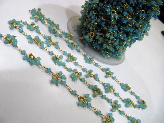 Aqua Chalcedony beaded Flower Chain Beads 3mm Rondell faceted Cluster Rosary Chains, Dangling Flower Chain Hydro Quartz Beads