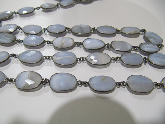Natural Blue Lace Agate Uneven Shape Bezel Connector Chain 12 to 15mm Size Chain Gold/Silver/Black/Rose plated sold per foot