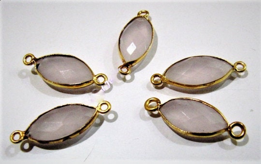 5 Pc Set-: Natural  Rose Quartz Marquise Shape Briolette 7x15mm Connector Double Loop Bezel Faceted Gemstone Connectors Wholesale Prices