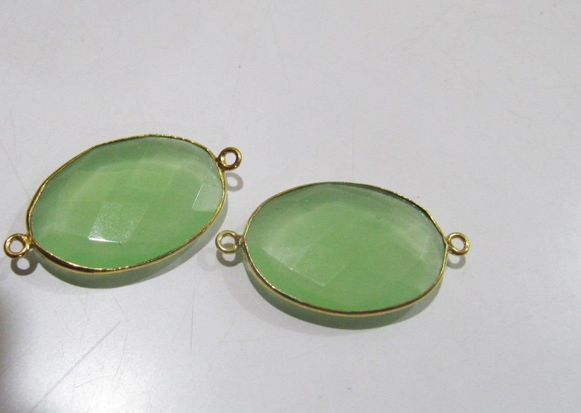 5 Pcs Set Green Chalcedony Hydro Quartz Briolette Connector Oval Shape Faceted Connector Approx 18X25MM Size Double Loop Bezel