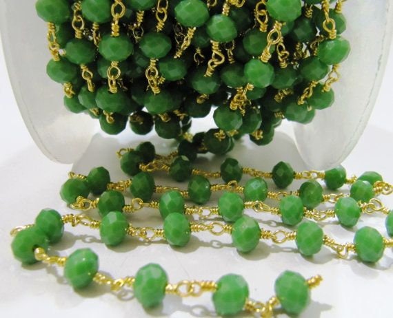 Olive Green Chalcedony 6mm Rondelle  Hydro Quartz Beads Wire Wrapped Beaded Rosary Chain Wholesale Prices Jewelry making chain Per Foot