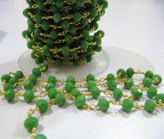 Olive Green Chalcedony 6mm Rondelle  Hydro Quartz Beads Wire Wrapped Beaded Rosary Chain Wholesale Prices Jewelry making chain Per Foot