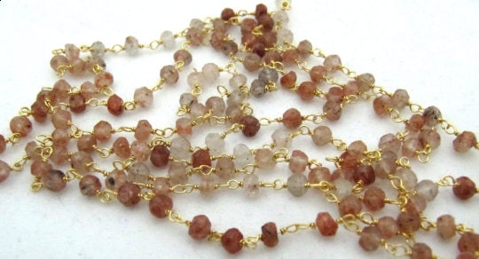 Copper Rutilated Quartz Rondelle Faceted 4mm Size wire wrapped aati beaded Rosary chain Sold Per Foot High Quality Wholesale Price