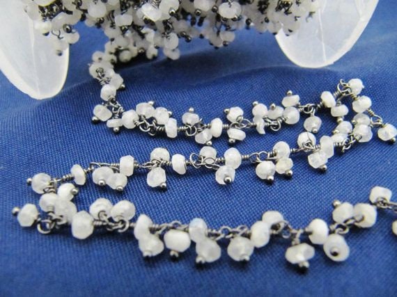 Natural Rainbow moonstone Dangling Chain Rondelle Faceted Beaded Cluster Chain 3-4mm Size Moonstone Bead Chain Wholesale Price Sold Per Foot