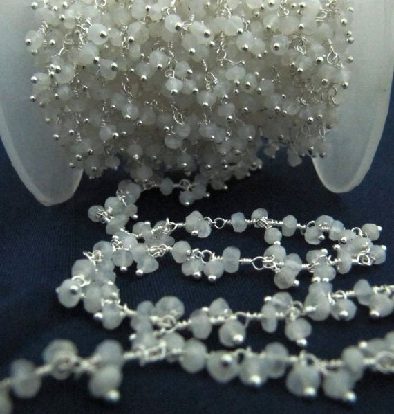 Natural Rainbow moonstone Dangling Chain Rondelle Faceted Beaded Cluster Chain 3-4mm Size Moonstone Bead Chain Wholesale Price Sold Per Foot