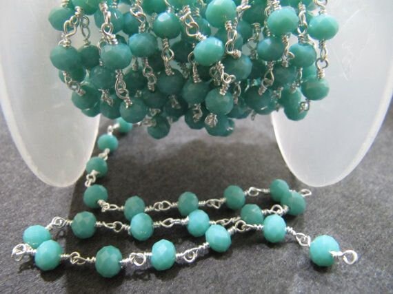 3- Feet Amazonite  Rondelle Faceted Size 6mm wire wrapped Hydro Quartz Beaded Rosary Chain Wholesale Prices Jewelry Making Gemstone chain