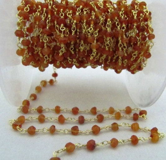 3- Feet Carnelian Rondelle Faceted Size 3-4mm Beaded Wire Wrapped Rosary Chain Wholesale Prices Jewelry Making Brown Gemstone chain