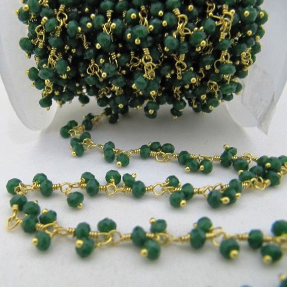 Emerald Hydro Quartz Rondelle Faceted Beaded Dangling Thick  Chain 3mm Size Green Hydro Quartz Bead Rosary Chain  sold per foot