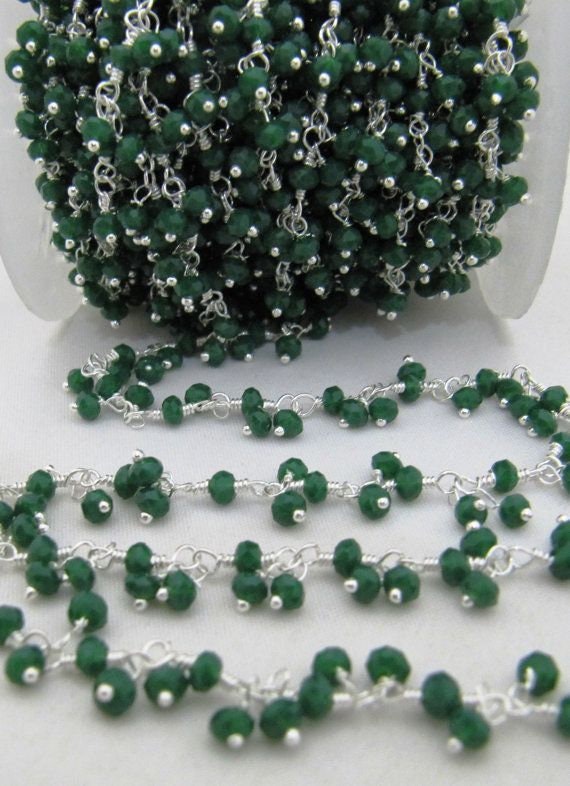 Emerald Hydro Quartz Rondelle Faceted Beaded Dangling Thick  Chain 3mm Size Green Hydro Quartz Bead Rosary Chain  sold per foot