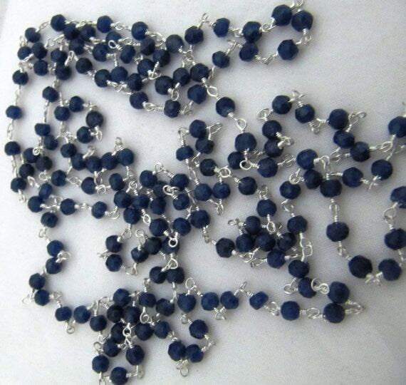3- Feet Dyed Blue Sapphire  Rondelle Faceted Size 3-4mm Dyed Beaded Wire Wrapped Rosary Chain Wholesale Prices Jewelry Making Gemstone chain
