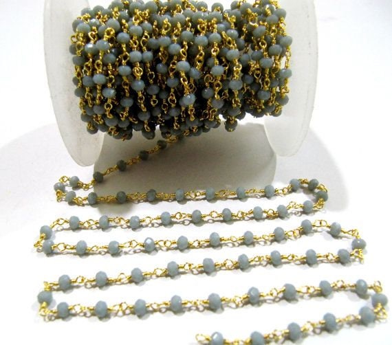 Gray Chalcedony Rondelle Faceted Size 3mm Gray Hydro Quartz Beaded Wire Wrapped Rosary Chain Wholesale Prices Jewelry Making chain