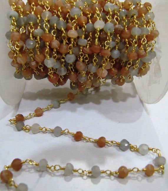 Multi Color Moonstone Rondelle Faceted  3-4mm Beaded Rosary Wire Wrapped Aati Chain Wholesale Prices gemstone Handmade chain sold per Foot