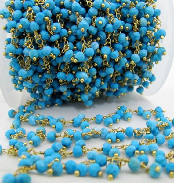 Natural Turquoise magnesite  Rondelle 3-4mm  Faceted Beaded Dangling  Cluster Chain Sold Per Foot High Quality Wholesale Prices