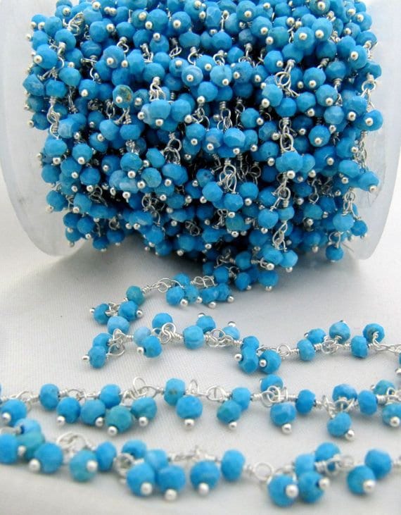 Natural Turquoise magnesite  Rondelle 3-4mm  Faceted Beaded Dangling  Cluster Chain Sold Per Foot High Quality Wholesale Prices