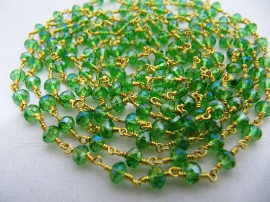 3 Feet- Crystal Mystic Peridot 3mm Size Rondelle Faceted  Wire Wrapped Aati Rosary Chain Jewelry Making Crystal Chain Wholesale Price
