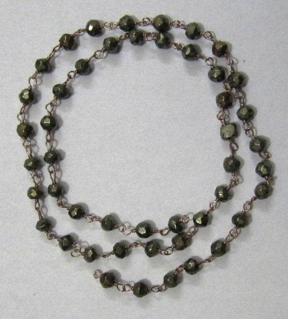 Natural Pyrite Roundelle  Faceted  3-4mm Beaded Wire Wrapped Rosary Aati Chain Wholesale Price Jewelry making chain sold per foot