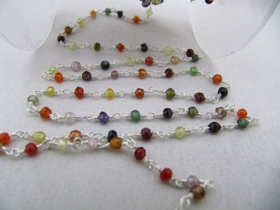 Multi Color Cubic Zirconia Rondelle Faceted  3-4mm Beaded Rosary Wire Wrapped Aati Chain Wholesale Prices Jewelry sold per foot