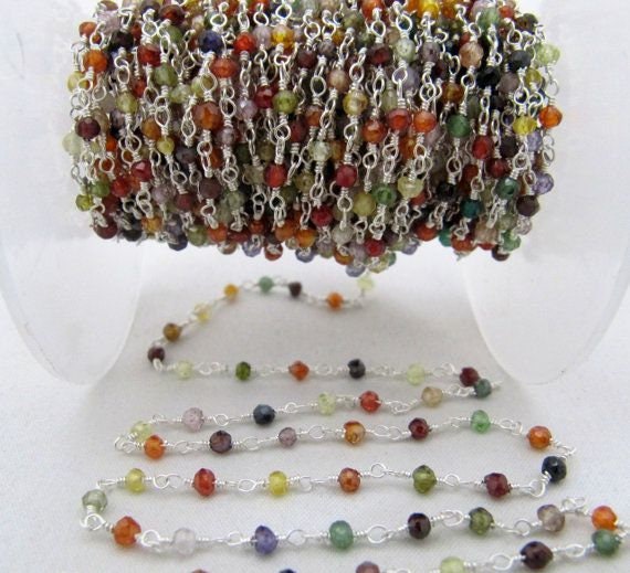 Multi Color Cubic Zirconia Rondelle Faceted  3-4mm Beaded Rosary Wire Wrapped Aati Chain Wholesale Prices Jewelry sold per foot