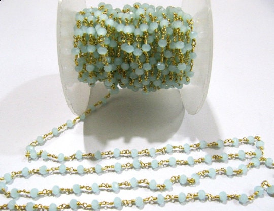 3- Feet Aqua Chalcedony Rondelle Faceted Size 3-4mm  Hydro Quartz Beaded Wire Wrapped Rosary Chain Wholesale Prices Jewelry Making chain
