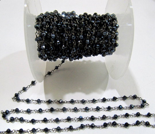 3 Feet-Mystic Coated Black Spinel Beaded Chain Black Spinel Rosary Chain Hydro Quartz Rondelle Faceted 3-4mm Beads Wire Wrap Wholesale Price