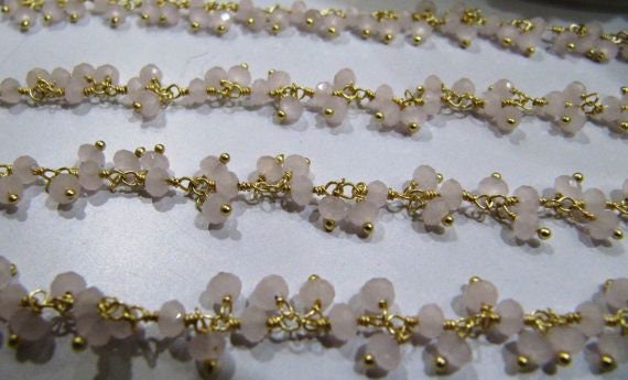 Rose Quartz Dangling Chain Rondelle Faceted Beaded Cluster Chain 3mm Size Hydro Quartz Bead Chain Wholesale Price gemstone sold per foot
