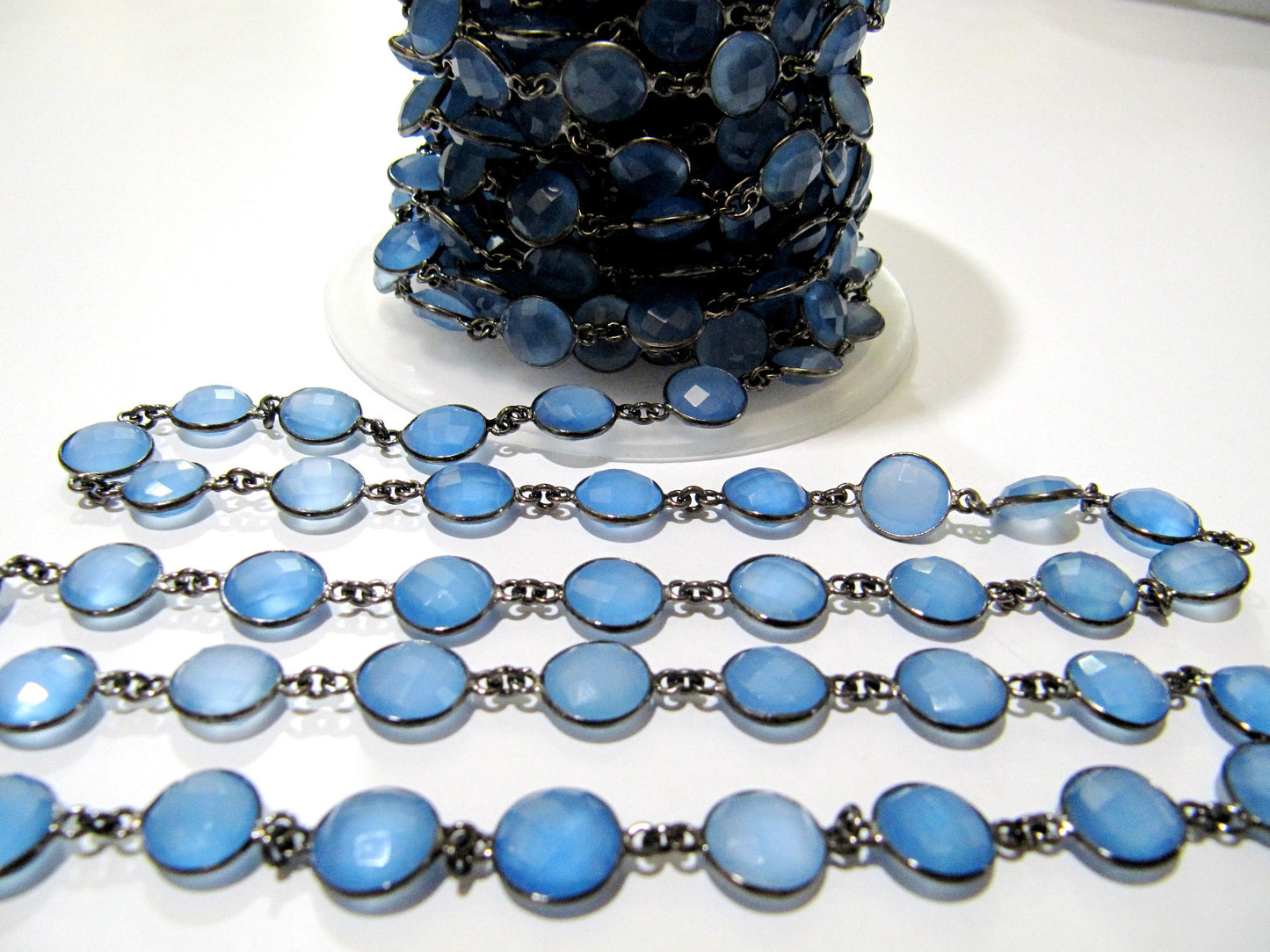 Blue  Chalcedony Round Coin Shape Briolette Connector Chain 10mm Sold Per Foot High quality Beads Wholesale Price Jewelry Making Chain