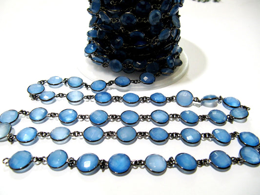 Blue  Chalcedony Round Coin Shape Briolette Connector Chain 10mm Sold Per Foot High quality Beads Wholesale Price Jewelry Making Chain