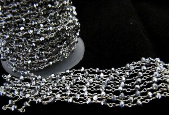 Silver Pyrite 3mm Hydro Quartz Rondelle Faceted Beaded  Rosary Wire Wrapped Aati Beaded chain Wholesale Price sold per foot