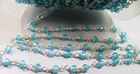 Sky Blue Topaz Rosary Chain Rondelle Faceted Beaded 3mm Size Cubic Zirconia Bead Sterling Silver Crystal chain sold per foot