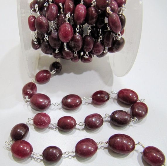 Natural Ruby Rosary Chain, Smooth Oval Beads 8mm to 12mm, Corundum Ruby Beaded Chain Sold Per Foot High Quality Wholesale Prices