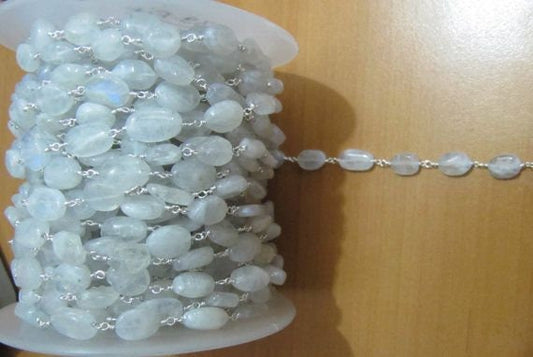 Natural White Rainbow Moonstone Oval Shape Plain Smooth Beaded Rosary Chain Rainbow Beaded High Quality Wholesale sold per foot