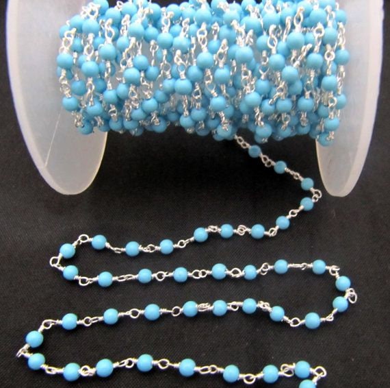 3 Feet-Turquoise Quartz Round 3mm Plain Smooth Wire Wrapped Beaded Rosary Aati Chain Wholesale Prices Jewelry making Chain