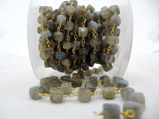 Natural Labradorite Cube Box Shape Faceted Beaded Size 6-7mm Black Cube shape Sterling Silver Rosary Chain Wholesale Prices Sold Per Foot