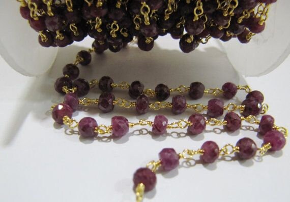 3 Feet-Ruby Rosary Chain 3.5 to 4.5mm Beads Rondelle Faceted, Ruby Corundum Beads Wire Wrapped Aati Rosary chain Wholesale Jewelry Making