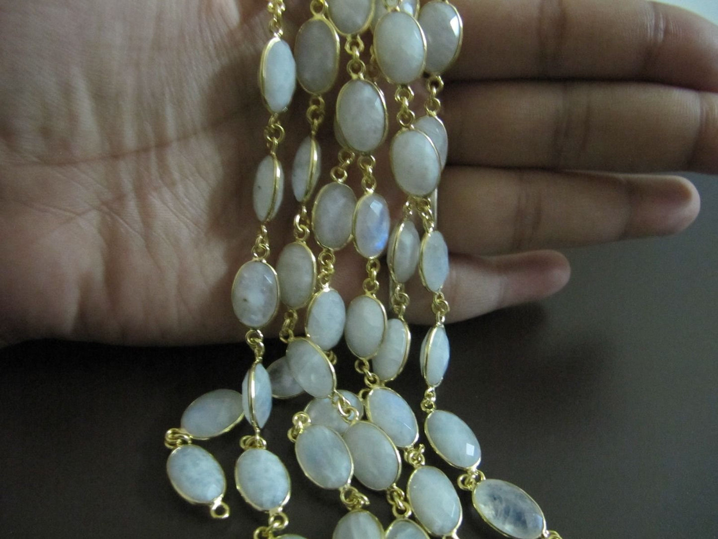 1 Foot-Natural White Rainbow Moonstone Oval Cabochan Shape Briolette Faceted Bezel Connector Chain 9x13mm  Gold/Black/Silver/Rose Plated