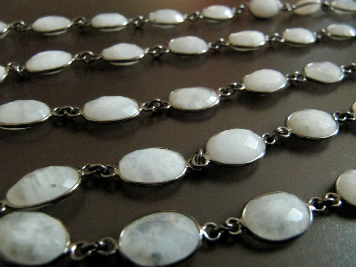 1 Foot-Natural White Rainbow Moonstone Oval Cabochan Shape Briolette Faceted Bezel Connector Chain 9x13mm  Gold/Black/Silver/Rose Plated