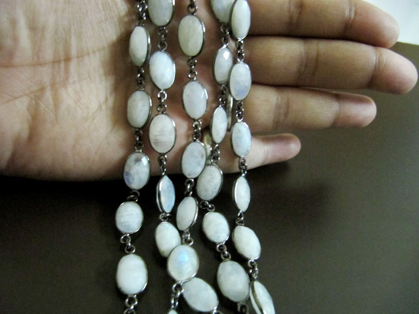 1 Foot-Natural White Rainbow Moonstone Oval Cabochan Shape Briolette Faceted Bezel Connector Chain 9x13mm  Gold/Black/Silver/Rose Plated