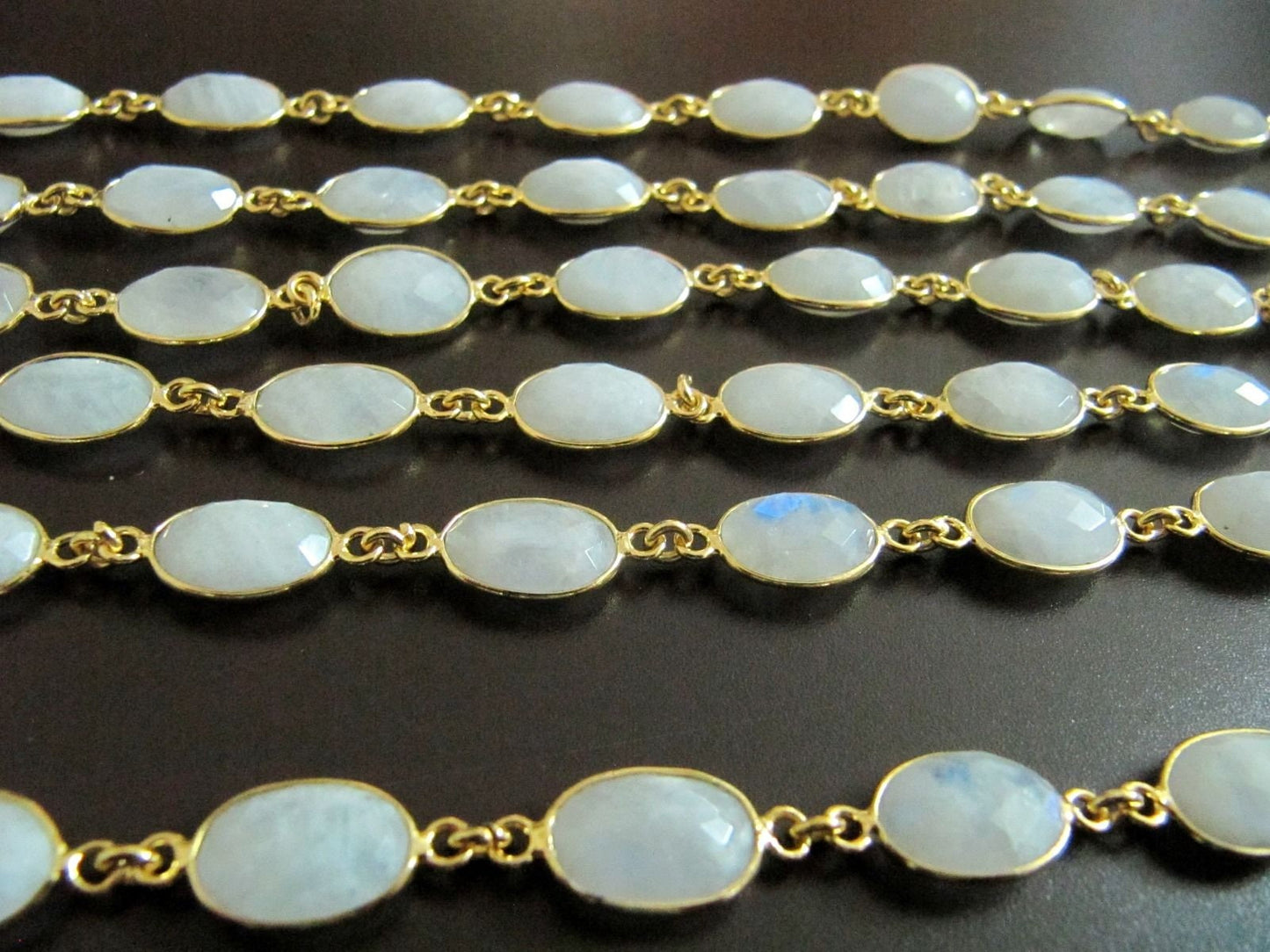 1 Foot-Natural White Rainbow Moonstone Oval Cabochan Shape Briolette Faceted Bezel Connector Chain 9x13mm  Gold/Black/Silver/Rose Plated