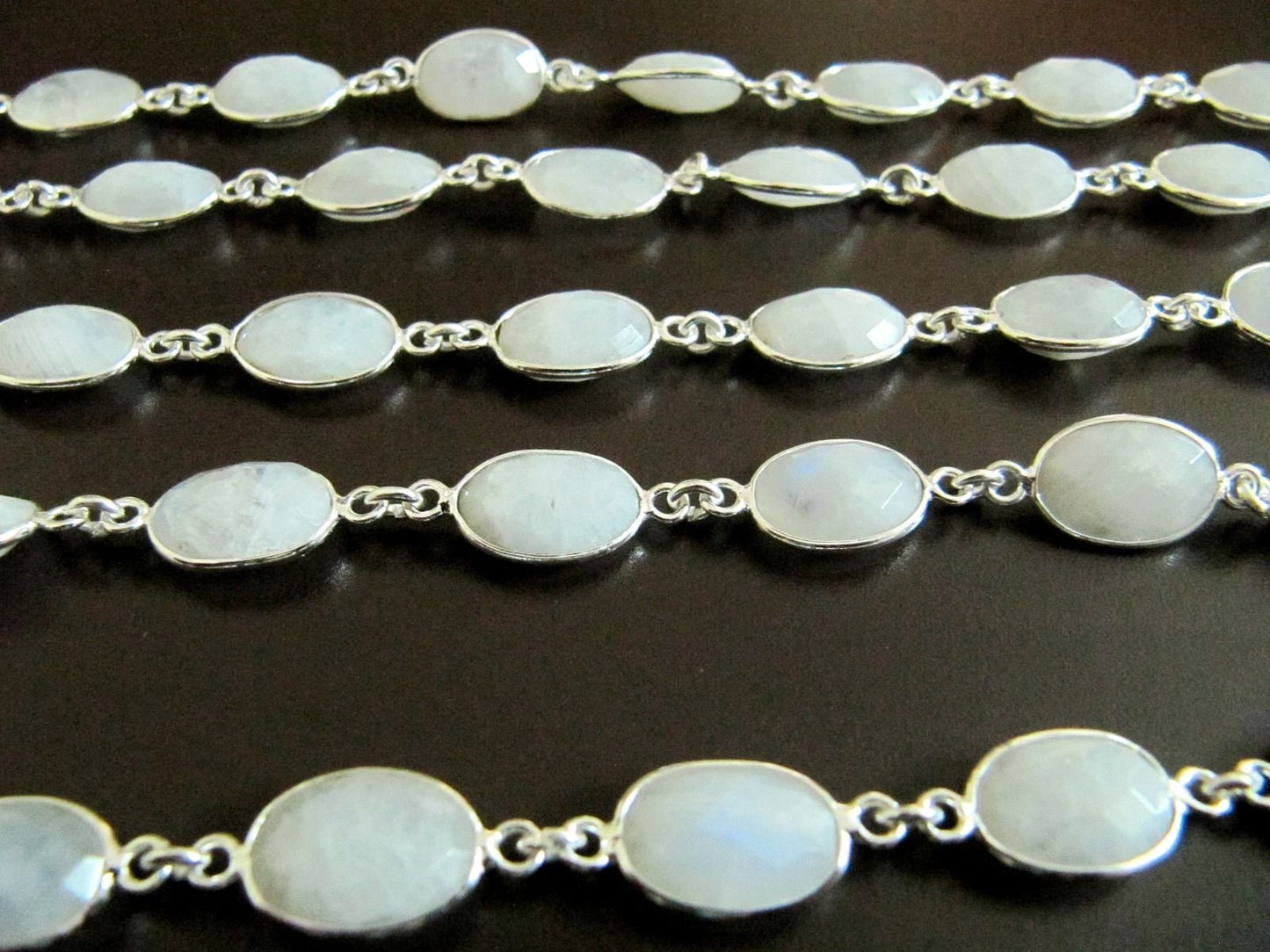 1 Foot-Natural White Rainbow Moonstone Oval Cabochan Shape Briolette Faceted Bezel Connector Chain 9x13mm  Gold/Black/Silver/Rose Plated