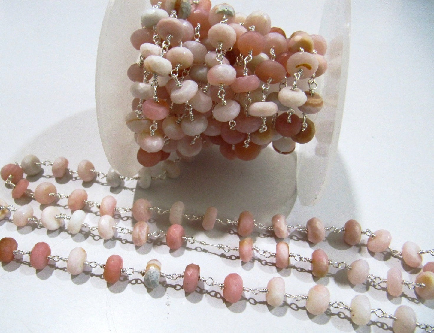 Natural Pink Opal  Rondelle Faceted 8mm Beads Chain Opal Rosary Handmade Beaded  Chain Wholesale Prices Pink gemstone chain