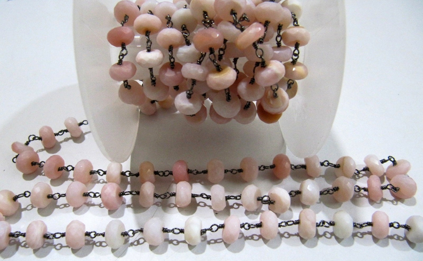 Natural Pink Opal  Rondelle Faceted 8mm Beads Chain Opal Rosary Handmade Beaded  Chain Wholesale Prices Pink gemstone chain