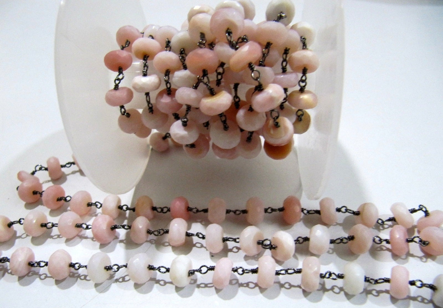 Natural Pink Opal  Rondelle Faceted 8mm Beads Chain Opal Rosary Handmade Beaded  Chain Wholesale Prices Pink gemstone chain