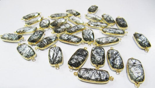 2 Piece Natural Black Rutilated Quartz Briolette Baguette Shape 11x21mm Bezel Connector Charms Pendant Double Loop