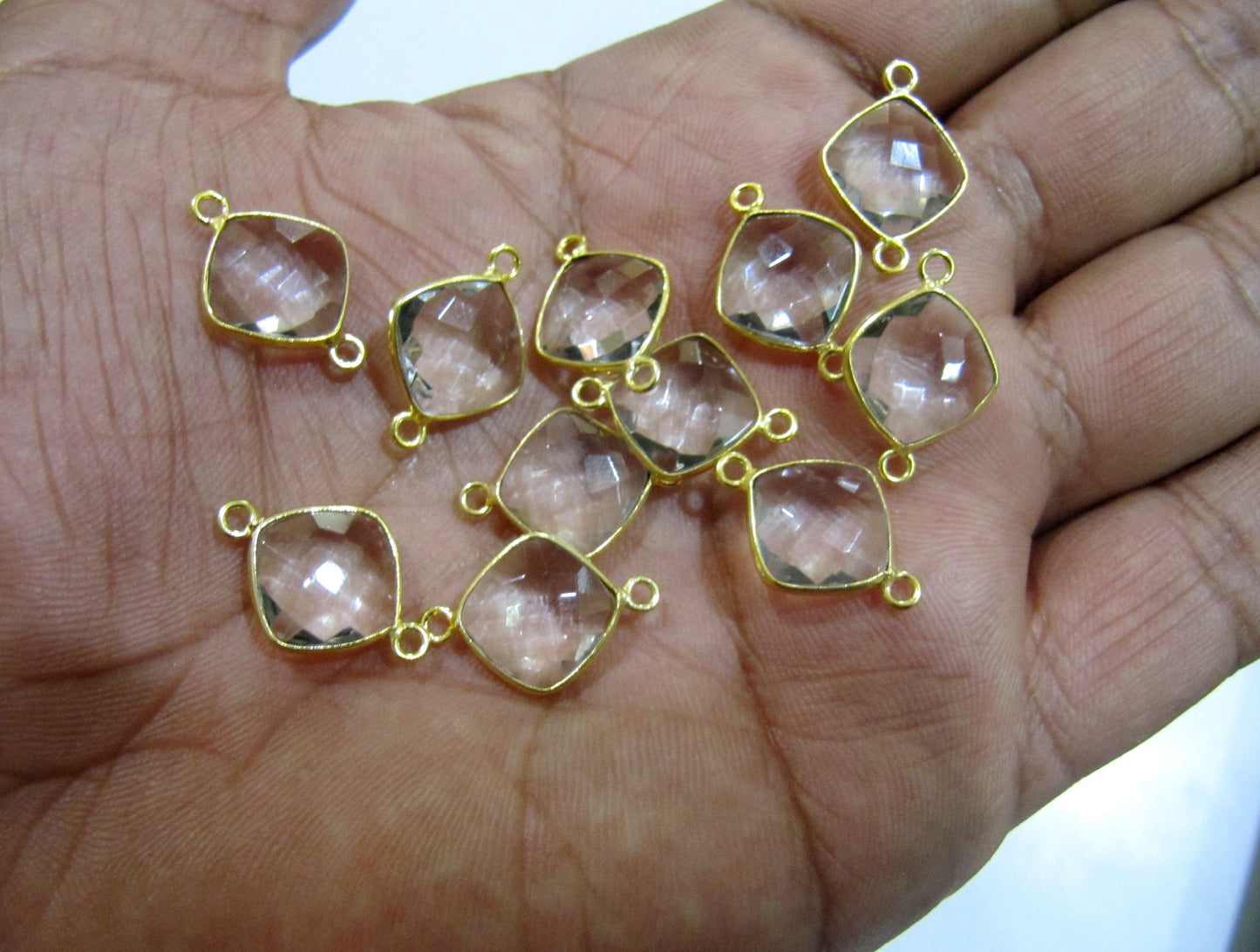 2Pcs Set Natural Rock Crystal Cushion Shape 11mm Briolette Connector Genuine Crystal Quartz Bezel Connector Double Loop Wholesale Prices