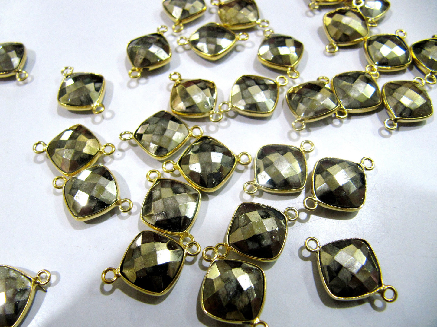 Natural Pyrite Briolette  Faceted 11mm Cushion Shape Connector Charm Double Loop Top Quality Jewelry Making  Connector sold per piece