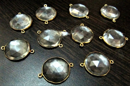 2Pcs Set Natural Rock Crystal Coin Shape 18mm Briolette Connector Genuine Crystal Quartz Bezel Connector Double Loop Wholesale Prices