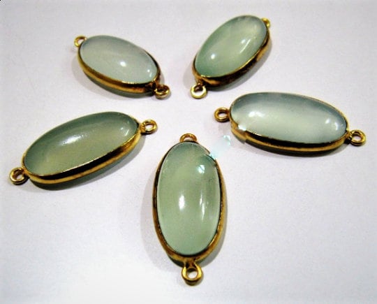 2 Pcs Set Aqua Chalcedony Oval Shape 12x20mm Briolette Connectors Aqua Hydro Quartz Stone Double  Loop Bezel Jewelry Making Bezel Connectors